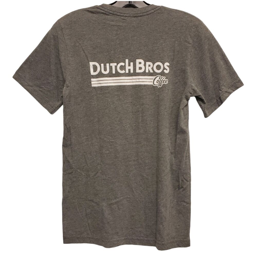 DUTCH BROS Coffee Shirt Womens Small Gray White Logo Spell Out Double Sided